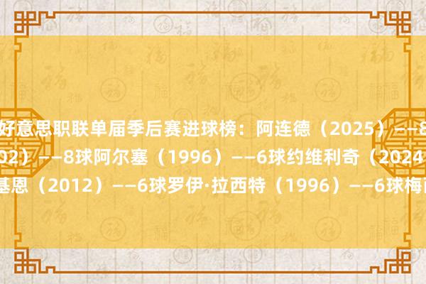 好意思职联单届季后赛进球榜：阿连德（2025）——8球卡洛斯·鲁伊斯（2002）——8球阿尔塞（1996）——6球约维利奇（2024）——6球罗比·基恩（2012）——6球罗伊·拉西特（1996）——6球梅西（2025）——6球    欧洲杯足球体育信息