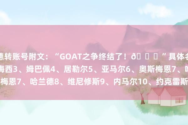 德转账号附文：“GOAT之争终结了！🐐”具体名次如下：1、C罗2、梅西3、姆巴佩4、居勒尔5、亚马尔6、奥斯梅恩7、哈兰德8、维尼修斯9、内马尔10、约克雷斯    体育录像/图片